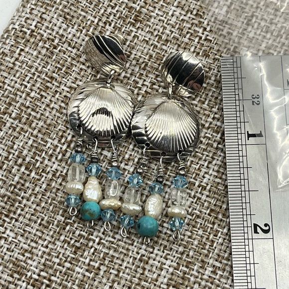 90's Handmade Sterling Silver Double Shell Earrings with Turquoise - Picture 12 of 16